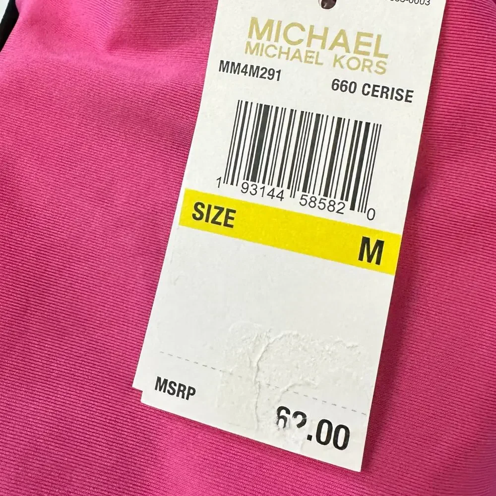 NWT Michael Kors High-Waisted Striped Bikini Bottom Pink Black Size M